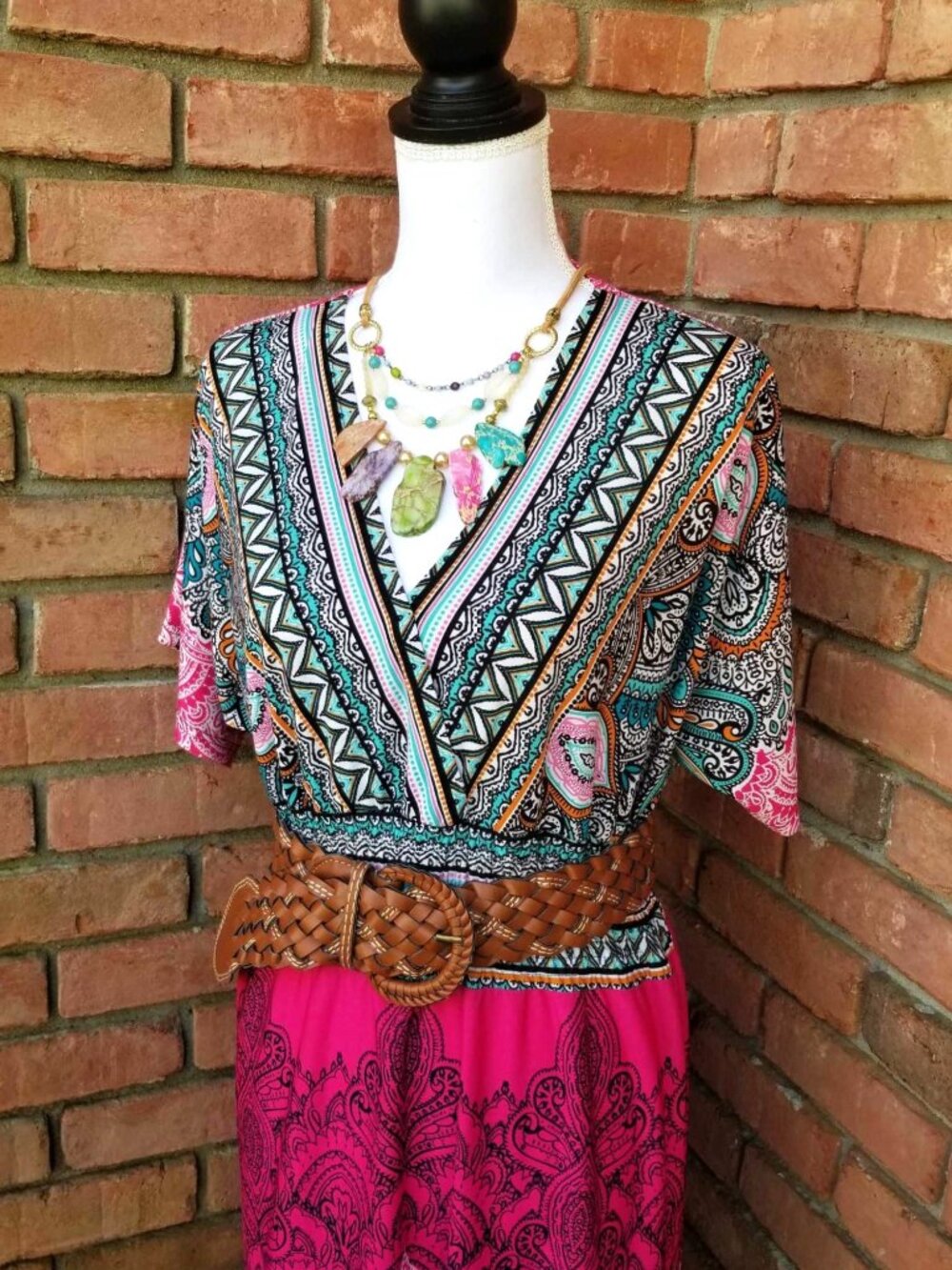 Boho Paisley Maxi Dress Pink Turquoise V-Neck Festival Resort Summer Dress Sz L - Picture 4 of 12